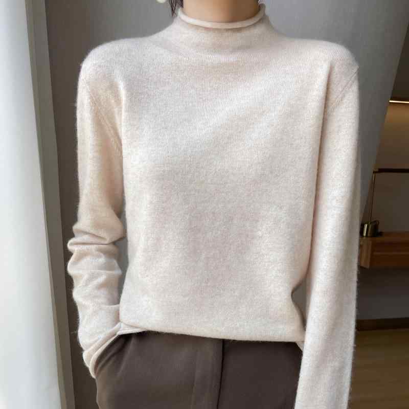編み物 レディース カシミール ハイネック ロールヘム ゆったり ティーシャツ 無地 好いたらしいめ 通い 秋冬 長袖 中朦々たる