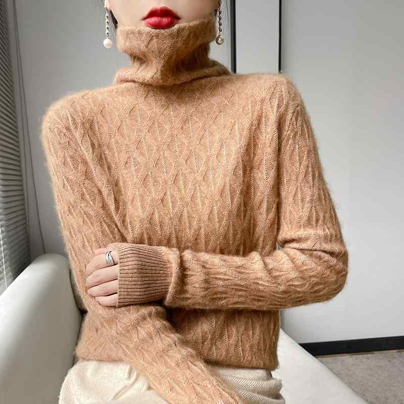 編み物 レディース オフタートルネック カシミール交ぜあわせる ティーシャツ ゆったり 体型押しかぶせる 雅びやか 肌付き トップス 長袖 無地 着回し 通い 秋冬