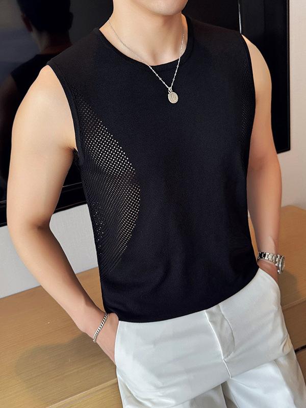 Tシャツ メンズ 接触冷感 メッシュ 通気性 薄手 ノースリーブ 透かし編み ニット 春夏 スポーツ カジュアル 部屋着 トップス 無地 ポリエステル