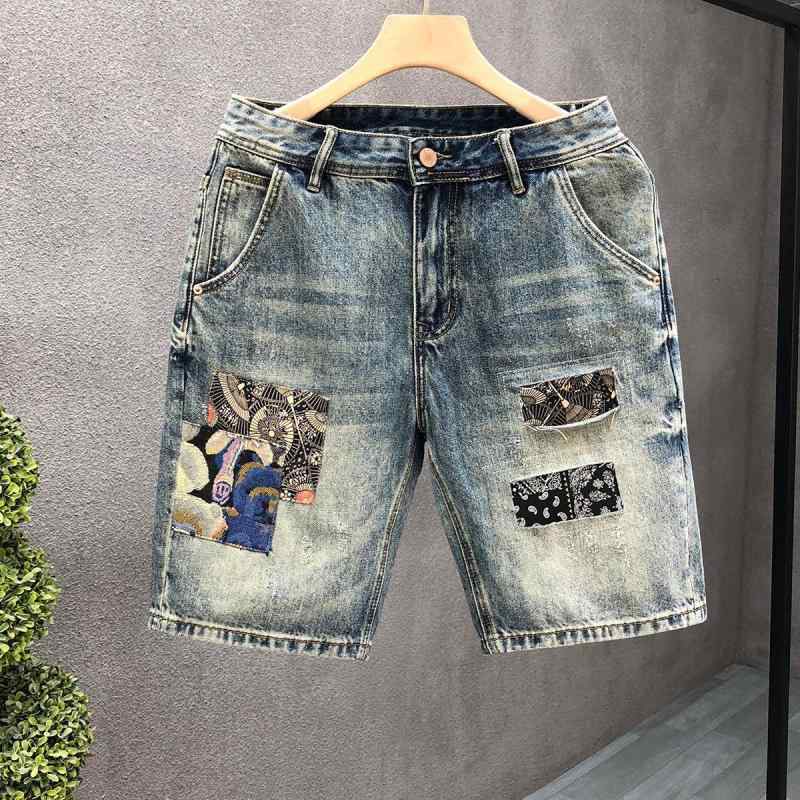 デニムパンツ メンズ 薄手 ストレッチ コットン ゆったり ワイドシルエット ワッペン刺繍 ウォッシュ加工 カジュアル ストリート ハーフ丈 ショートパンツ 夏 サマー