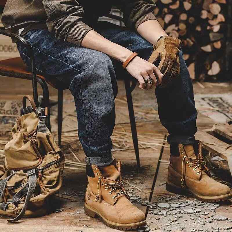 デニムパンツ メンズ 秋冬 ヘビーウェイト ウォッシュ加工 ユーズド加工 ストレート ゆったり ルーズフィット ビッグサイズ アンクル丈 ダークブルー 微ストレッチ