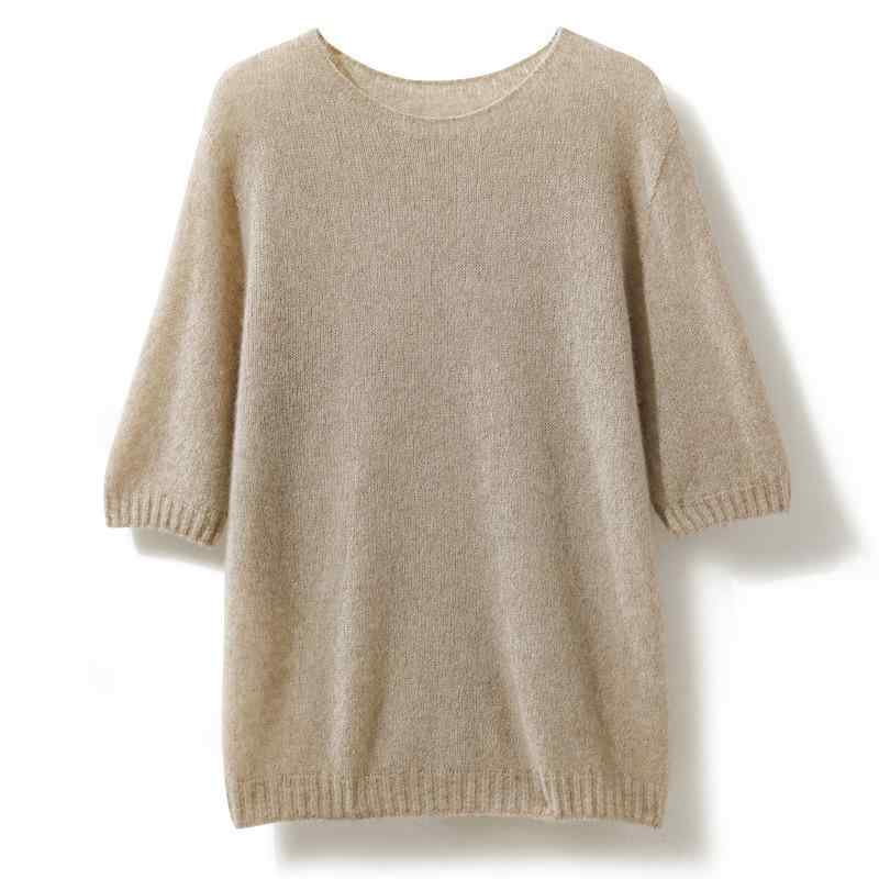 ニットTシャツ レディース カシミヤ ふんわり柔らかな 薄手 リブ ラウンドネック 半袖 プルオーバー ゆったり 無地 春夏 通勤スタイル