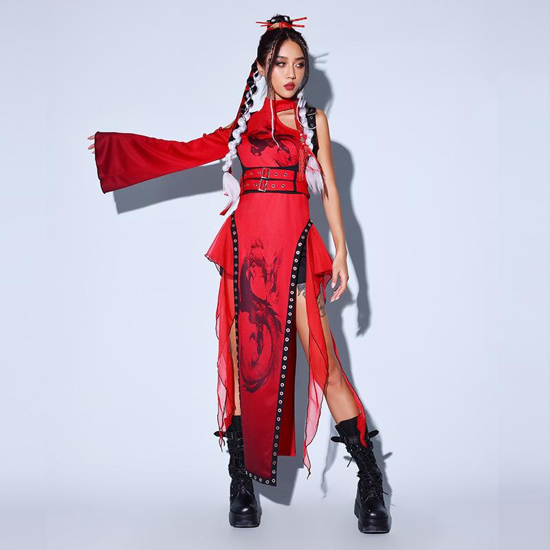 ダンス衣装 レディース 中華風 チャイナスタイル ステージ衣装 パフォーマンス 発表会 イベント フェスティバル ジャズダンス KPOP ドラム 太鼓 レッド 赤 コスチューム