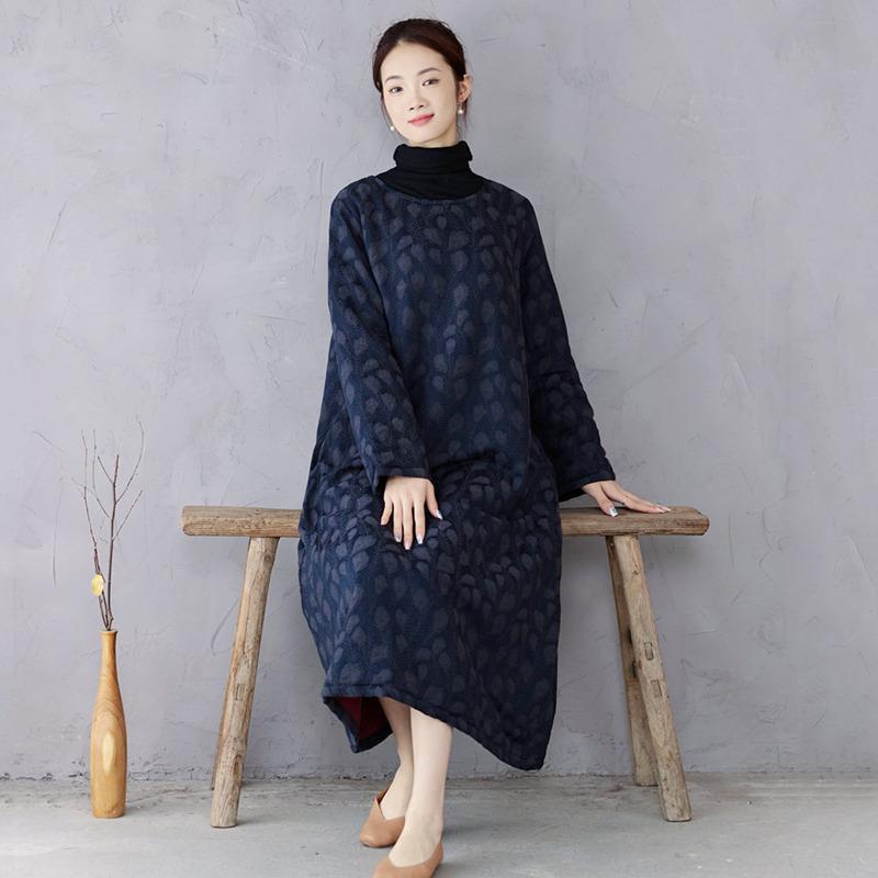 中綿 ワンピース レディース ロング Aライン 体型カバー 綿麻素材 レトロ ラウンドネック 長袖 厚手 あったか 防寒 保温 ゆったり マキシ丈 秋冬