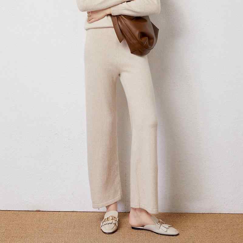 カジュアルパンツ レディース 厚手 ニット カシミヤ ウール混 ハイウエスト ゆったり ドレープ感 ストレート ワイド 着痩せ効果 外出着 秋冬