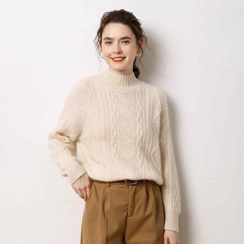 ニット レディース 厚手 高品質 カシミヤ 95%以上 ケーブル編み タートルネック プルオーバー セーター ゆったり 長袖 エレガント 通勤 秋冬 ライトベージュ キャメル|モズラボ
