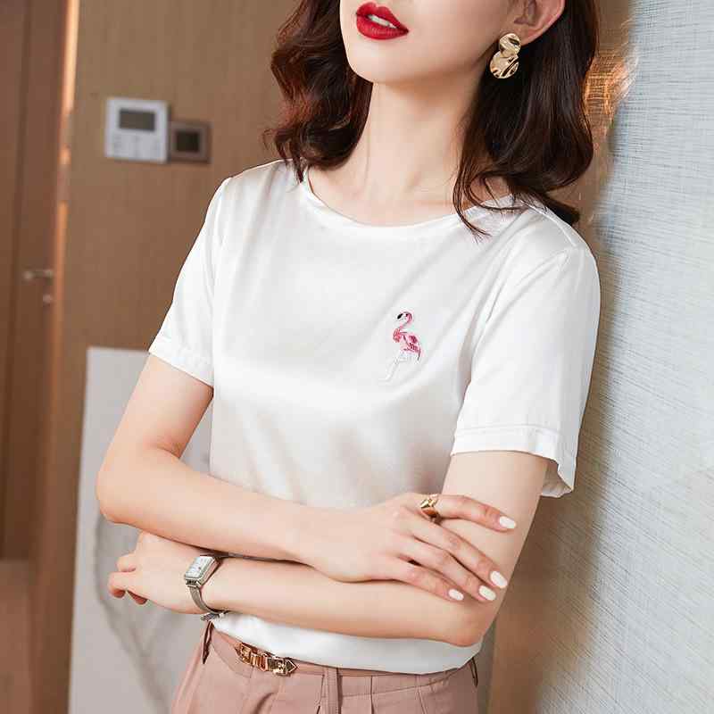 Tシャツ レディース 春夏 シルク 高級感 なめらか クルーネック 半袖 ゆったり 体型カバー フラミンゴ刺繍 トップス ホワイト