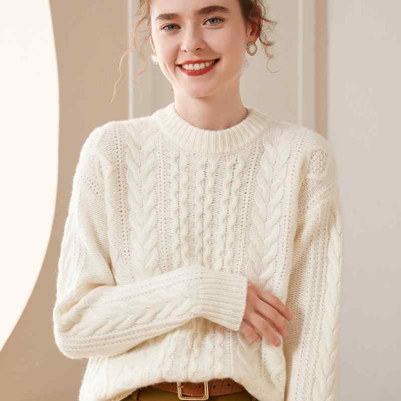 ニット レディース カシミヤ 厚手 ケーブル編み プルオーバー クルーネック ベージュ アイボリー 韓国系 秋冬 上品 通勤 トップス