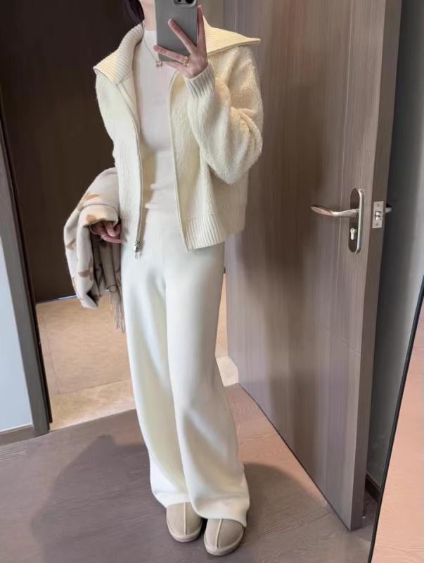 パンツ レディース ワイドパンツ ウール100パーセント ニット 秋冬 厚手 ミドルウエスト 落ち感 細見え エレガント カジュアル 通勤 フルレングス｜モズラボ