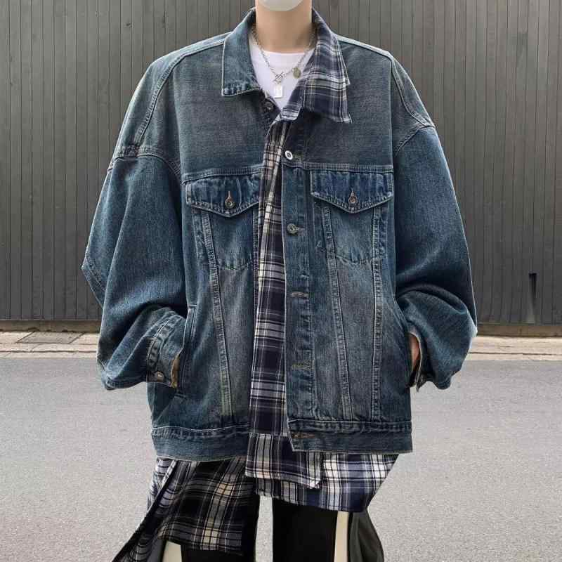 Gジャン メンズ フェイクレイヤード デニム 春秋 アメリカンヴィンテージ 切り替え 高級感 ゆったり カジュアル 日常使い 長袖 コットン裏地 シングルボタン ポケット付き シワになりにくい ブルー