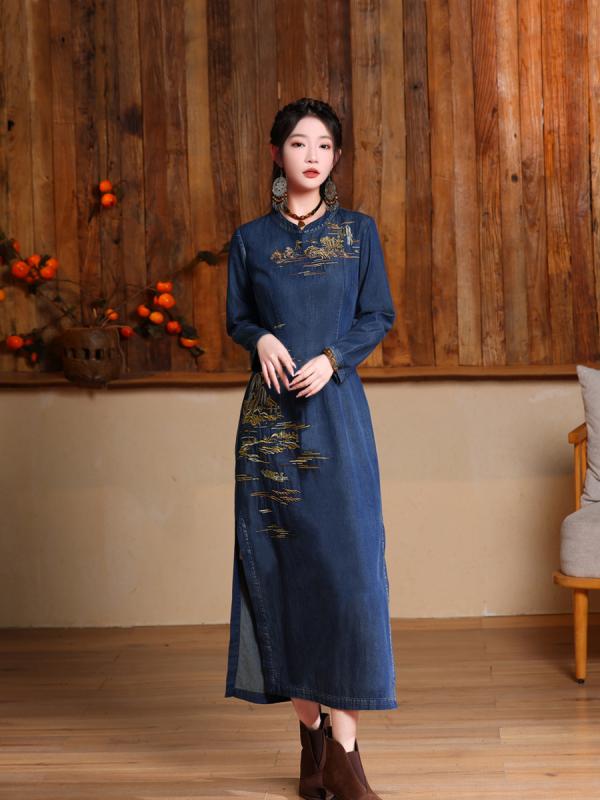 ワンピース レディース アートレトロ 刺繍 デニム ロング丈 アレンジチャイナドレス 長袖 スタンドカラー ミドルウエスト プルオーバー ファスナー付き 秋冬