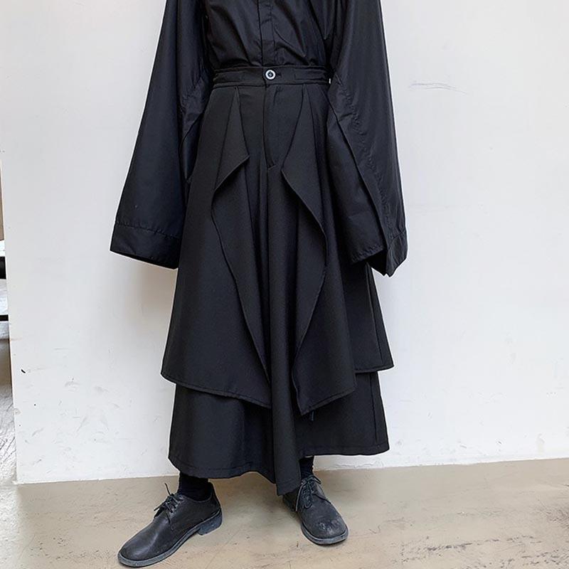 スカートパンツ メンズ 春秋物 ゆったり レイヤード風 切り替え ストレート アンクル丈 ウォッシャブル イージーケア ダーク系 モード系 個性派 大きいサイズ ブラック ポリエステル混紡 無地 5,896円