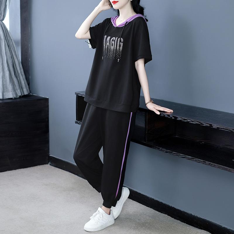 セットアップ レディース 大きいサイズ ママ向け 半袖 フード付き Tシャツ トップス ロングパンツ 2点セット ゆったり 体型カバー カジュアル スポーツ 薄手 春夏 ポリエステル