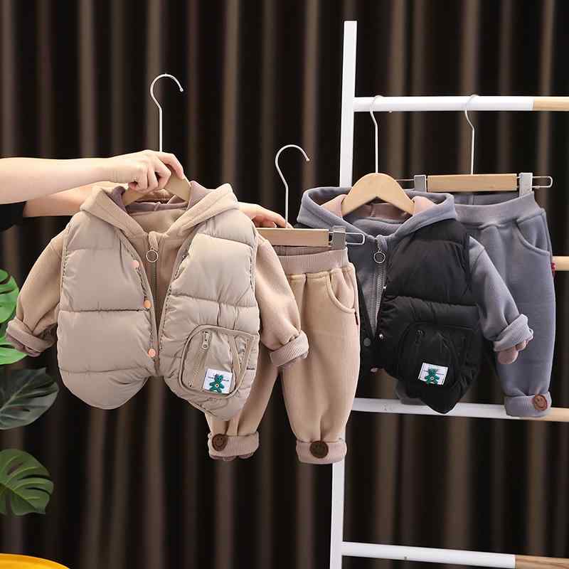 ベビー キッズ 男女兼用 男の子 女の子 冬服 裏起毛 厚手 フード付き 中綿ジャケット ベスト ロングパンツ 3点セット 韓国風 かわいい キャラクター 柔らかい ジップアップ 綿 コットン お出かけ