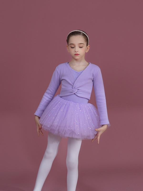 ダンス服 キッズ 女の子 裏起毛 厚手 暖かい 防寒 バレエ 練習着 レオタード 発表会 3点セット 長袖ボレロ チュチュスカート コットン 秋冬 パープル