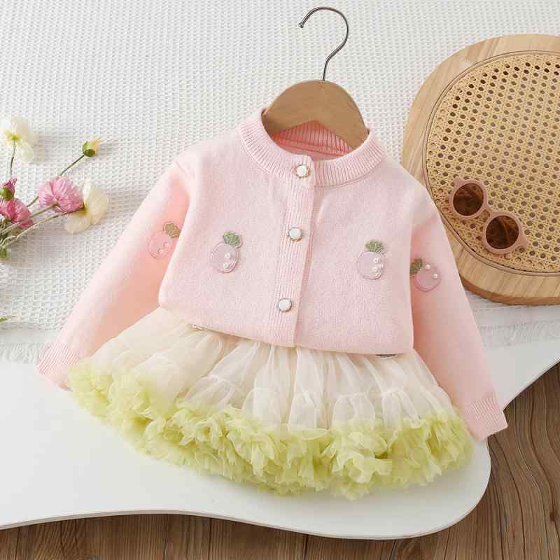 キッズ 女の子 ニットカーディガン チュールスカート 2点セット かわいい プリンセス 前開き 長袖 アクリル 秋冬 おしゃれ 普段使い お出かけ ピンク アイボリー