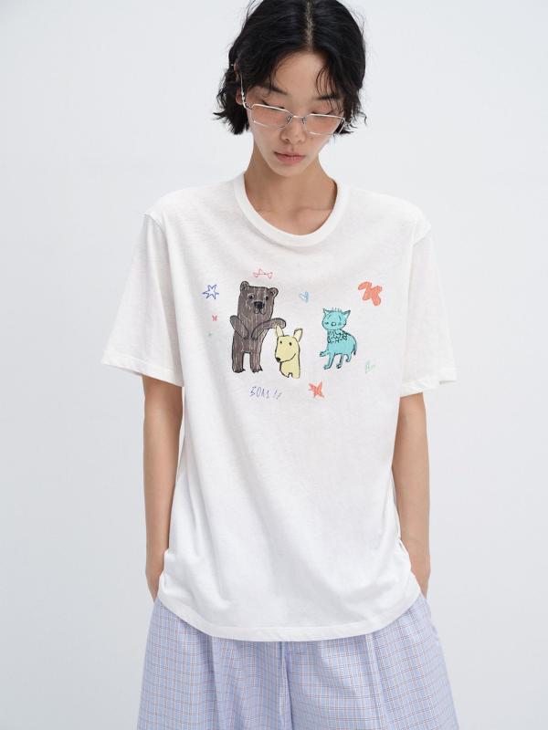 Tシャツ レディース 半袖 コットン 接触冷感 ゆったり カジュアル 切り替え プリント 丸首 トップス|モズラボ