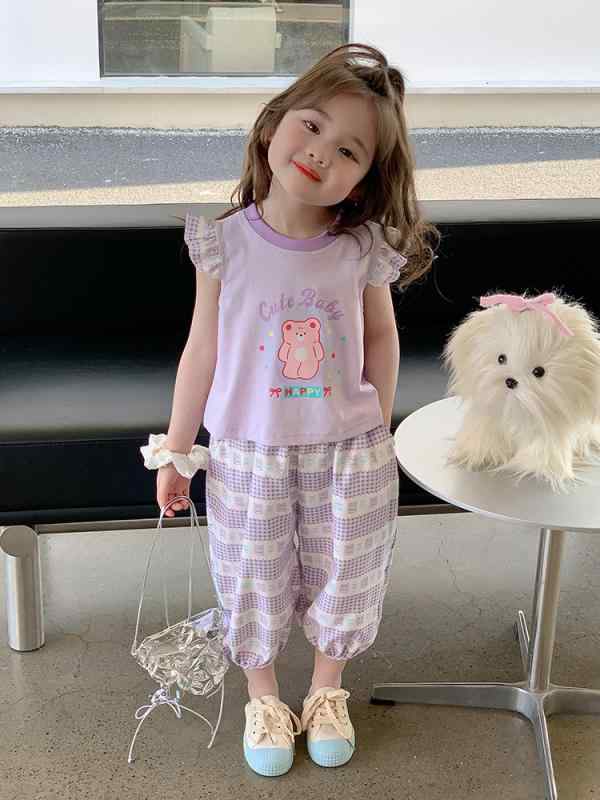 セットアップ 女の子 夏 薄手 柔らかい 綿混 半袖 フリル 虫よけショートパンツ 2点セット おしゃれ 韓国風 部屋着 普段着 お出かけ ガールズ ピンク パープル
