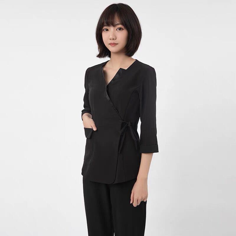 セットアップ レディース 吸湿速乾 美容院 エステ 赤ちょうちん 診療 美容師 エステティシャン ユニフォーム 制服 御前上等感 Vのど首 七分袖 半袖 ズボン下背広 オール時期