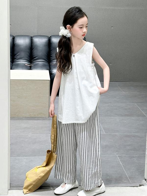 キッズ ガールズ セットアップ ノースリーブ ワイドパンツ 夏服 韓国風 薄手 綿混 コットンブレンド 2点セット 小学生 中学生 ジュニア服 柔らかい カジュアル 白 ホワイト おしゃれ ゆったり