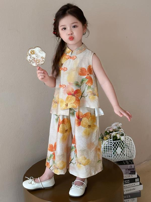 セットアップ キッズ 女の子 漢服風 中国風 夏 薄手 綿混素材 柔らかな肌触り ワイドパンツ ノースリーブ 2点セット かわいい おしゃれ 普段着 お出かけ