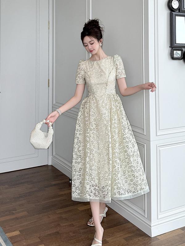 ワンピース レディース 春夏 半袖 パフスリーブ ロング丈 Aライン レース ハイウエスト 丸首 無地 上品 きれいめ フェミニン エレガント グリーン 通勤用 旅行｜モズラボ