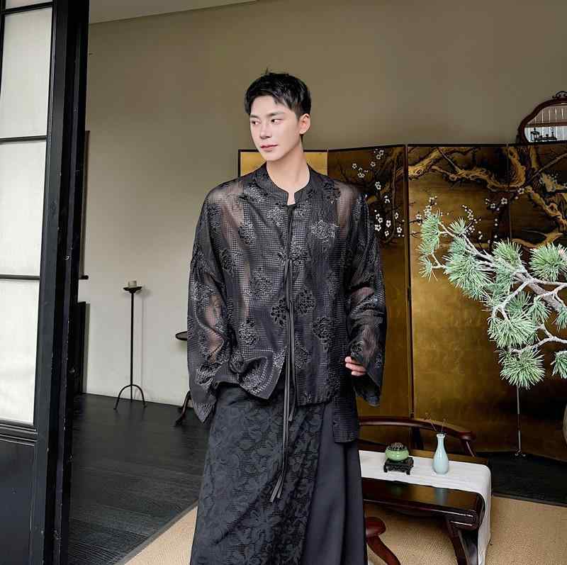 シャツ メンズ 新中華風 ジャガード織り 微透け スタンドカラー チャイナボタン フリンジ 長袖 ワイドスリーブ ロング丈 薄手 羽織り ゆったり カジュアル 春秋