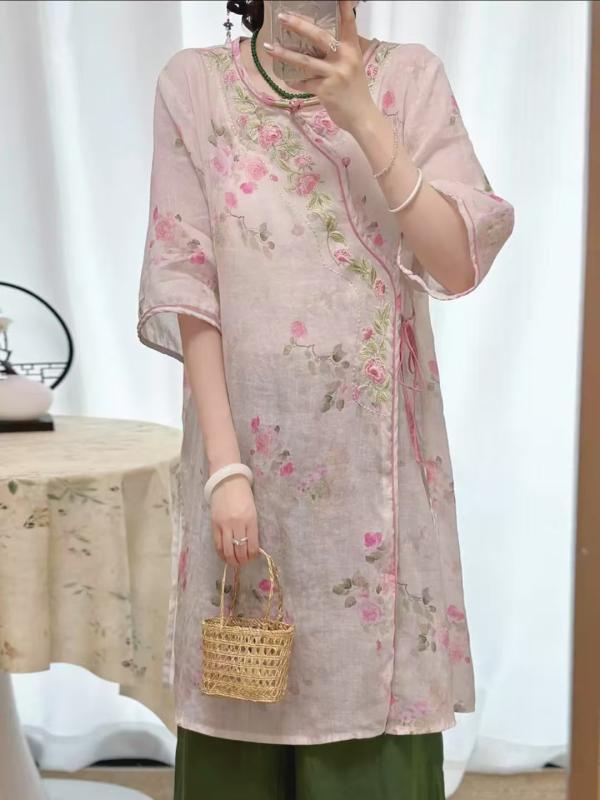 ワンピース レディース 春夏 接触冷感 チャイナドレス風 七分袖 刺? 花柄 ミモレ丈 A字スカート チュニック 体型カバー エスニック調 ナチュラル リネン混 部屋着 旅行|モズラボ
