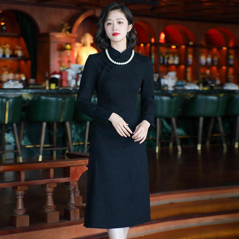 ワンピース レディース チャイナドレス 長袖 ロング丈 立ち襟 前開き チャイナ服 レトロ エレガント 秋 冬 コットン カジュアル 普段着 演奏会 謝恩会｜モズラボ