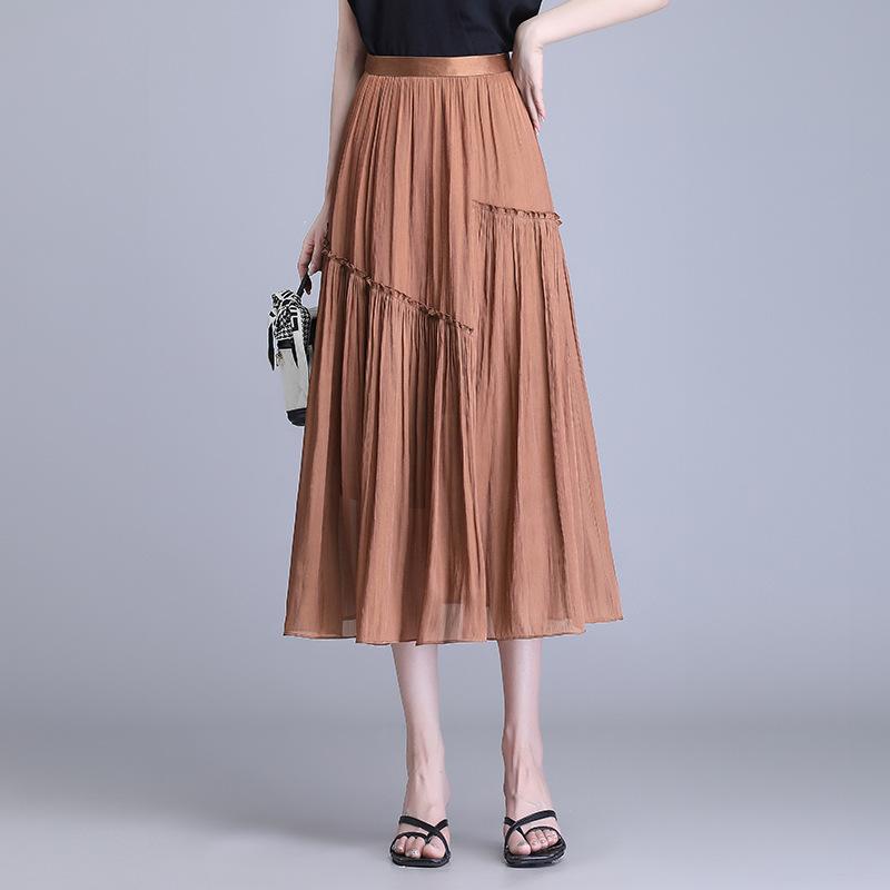 スカート レディース 春夏 ミモレ丈 Aライン ウエストゴム シフォン プリーツ おしゃれ 切り替え ひざ丈 ボトムス 体型カバー 接触冷感 カジュアル 通勤 通学|モズラボ