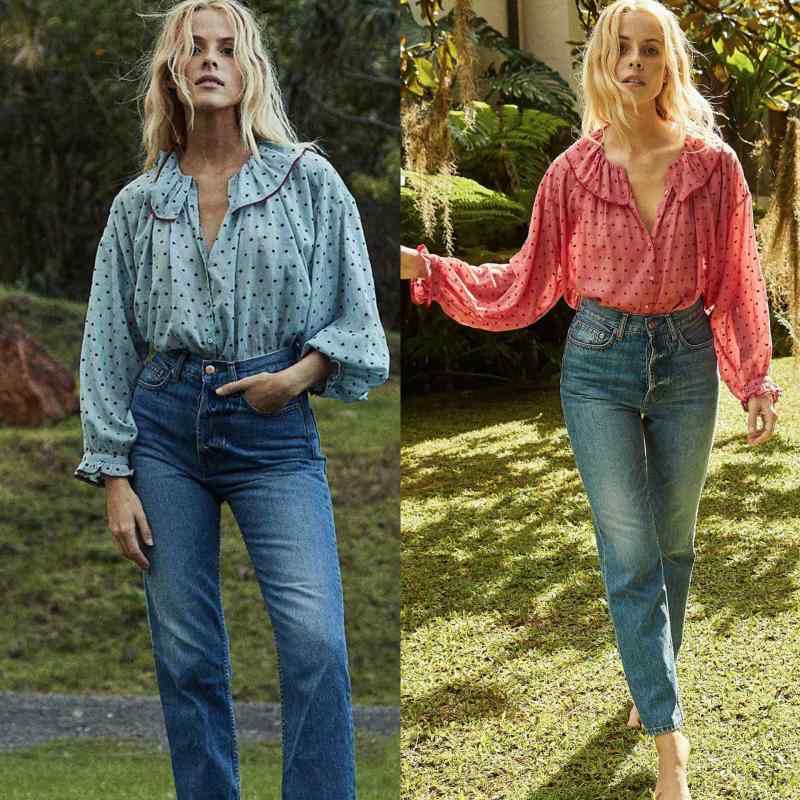 シャツ レディース 春夏 長袖 刺繍 ドット柄 オーガニックコットン パフスリーブ バルーンスリーブ レトロ フレンチカジュアル かわいい ゆったり 羽織り シングルブレスト ブルー レッド ブルー ピンク ブルー レッド ブルー ブルー レッド ピンク|モズラボ