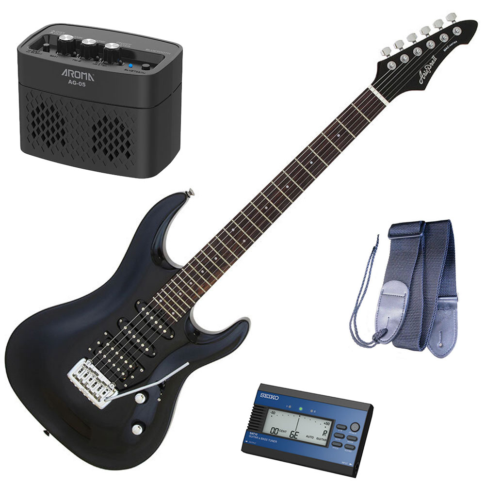 セイコーチューナー&アンプセット!アリア エレキギター AriaProII MAC-STD MBK+SAT10L+ギターストラップ+AG-05 BK|N-AEGIS店