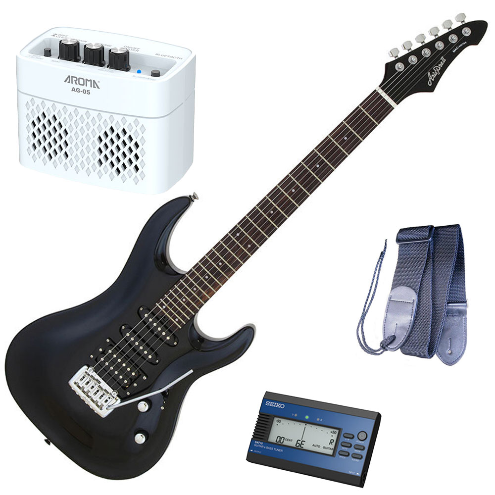 セイコーチューナー＆アンプ＆教則セット！アリア エレキギター AriaProII MAC-STD MBK＋SAT10L＋ギターストラップ＋AG-05 WH＋教則DVD