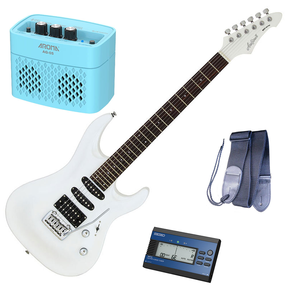 セイコーチューナー＆アンプ＆教則セット！アリア エレキギター AriaProII MAC-STD PWH＋SAT10L＋ギターストラップ＋AG-05 BL＋教則DVD