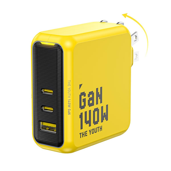アオハイ THE YOUTH 140W Type-C×2 Type-A×1　3ポート急速充電器 イエロー EN-YT140YL1 AOHI【スマートフォン・タブレットなど】