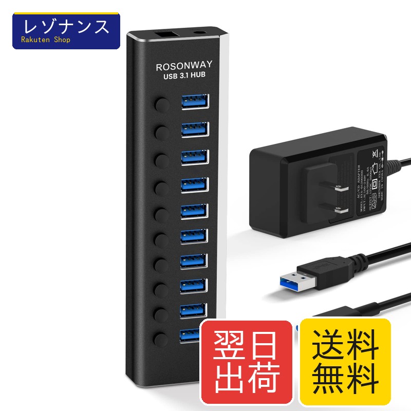ROSONWAY USB ハブ 3.1 Gen2 10Gbps 10ポートアルミ製 36W USB HUB セルフパワー USBケーブルとType Cケーブル 付き 12V/3A ACアダプタ 独立スイッチ 付き(RSH-A10S)