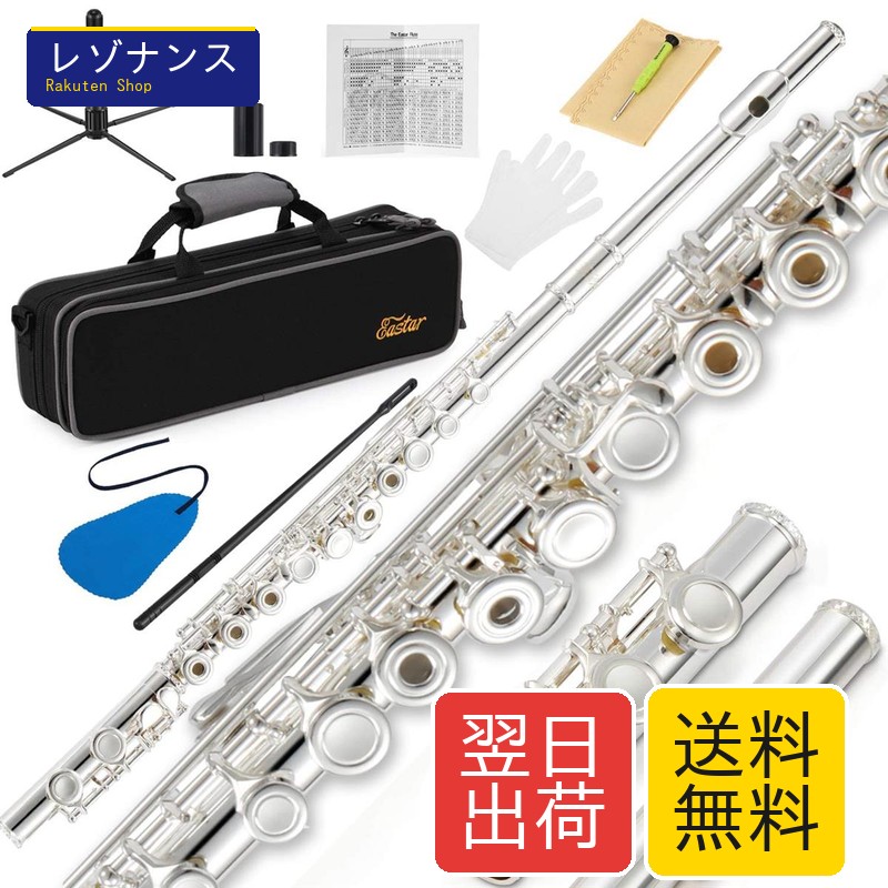 フルート 銀メッキ 16穴 リングキー Eメカ付き オフセット 初心者セット (銀色)