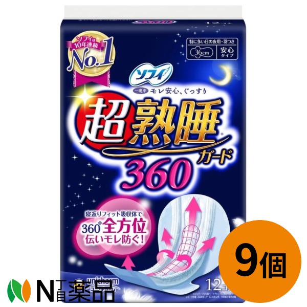 unicharm(ユニ・チャーム)　ソフィ 超熟睡ガード360　特に多い夜用 羽つき 36cm(12コ入)×9個　＜生理用品　紙ナプキン　ふんわり安心タイプ　横もれガード　寝返り安心＞【医薬部外品】