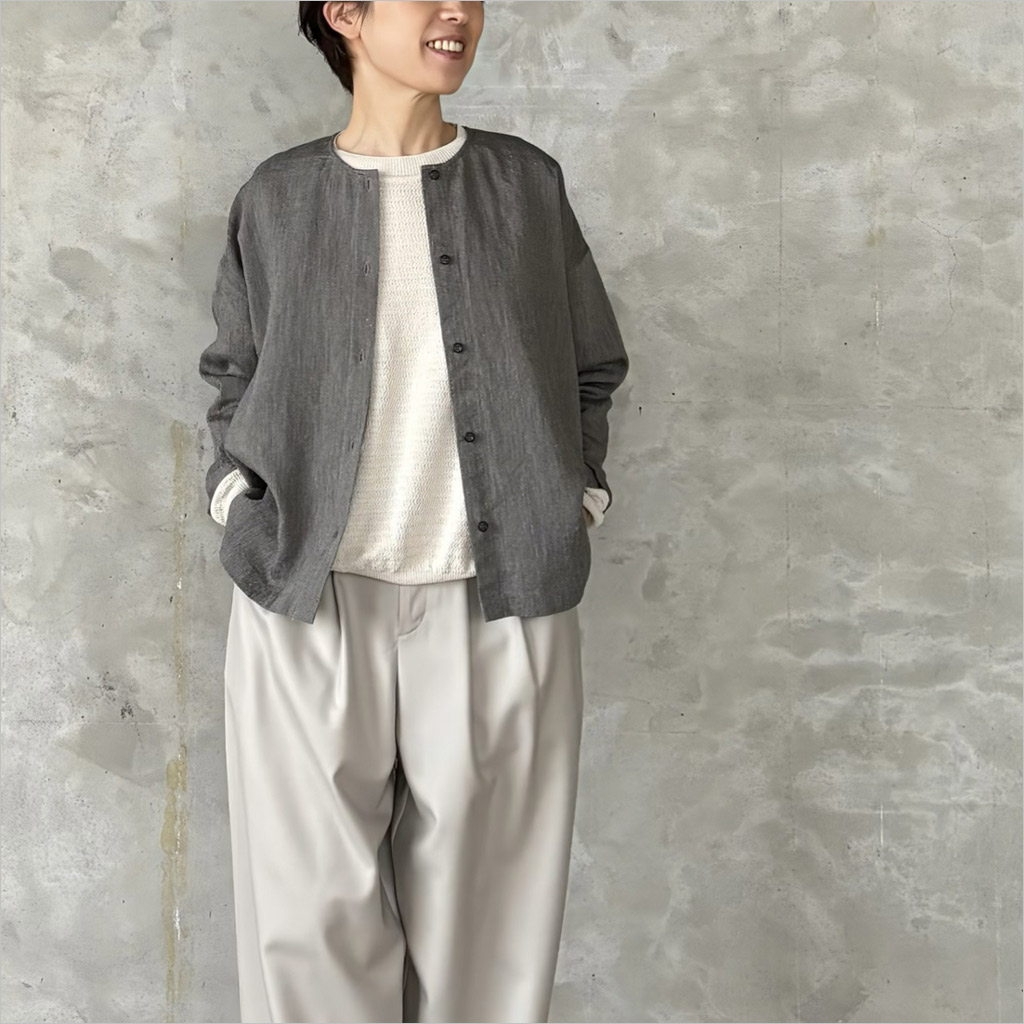 evam eva [エヴァムエヴァ] リネン和紙 ノーカラーシャツ レディース E261T075 navy/black｜na-na分室（ノーノブンシツ）