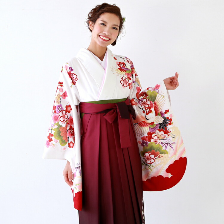 【4/4 20:00～4/10 1:59までポイント10倍】【レンタル】卒業式 袴 レンタル 女 袴セット 卒業式袴セット2尺袖着物＆袴フルセットレンタル 安い 「白地に波と鶴 松 竹 梅 桜 綸子」