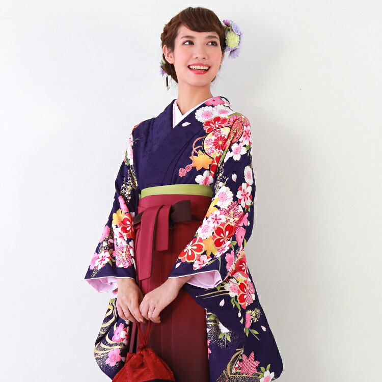 【4/4 20:00～4/10 1:59までポイント10倍】【レンタル】卒業式 袴 レンタル 女 袴セット 卒業式袴セット2尺袖着物＆袴 フルセットレンタル 安い 「濃紫地に鞠と八重桜 古典柄 レトロ」