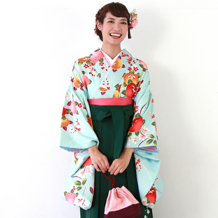 【4/4 20:00～4/10 1:59までポイント10倍】【レンタル】卒業式 袴 レンタル 女 袴セット 卒業式袴セット2尺袖着物＆袴 フルセットレンタル 安い 「薄水色地にピンク・橙・赤の桃」