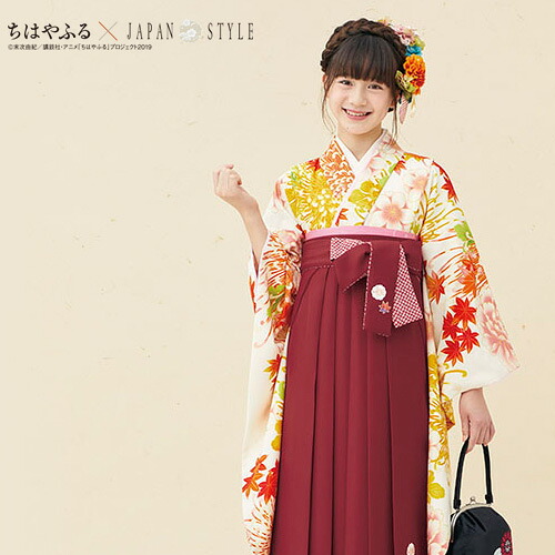 卒業式 袴 小学生 レンタル 小学生 Style 袴セット ジュニア 着物セット 女の子 レトロ ちはやふる Japan Style レンタル ７泊８日 ちはやふる Japan Style 卒業式 袴 小学生 レンタル 女の子 小学校 ジュニア卒業式袴レンタルセット 生成り地に赤系の乱菊と桜