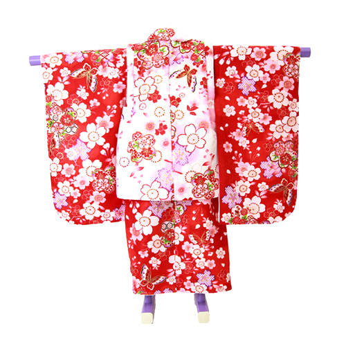 【楽天市場】【レンタル】【七五三着物フルレンタルセット】七五三 着物 3歳 レンタル 女の子 被布着物8点セット 赤地に桜と蝶：洋服・小物 なでしこ