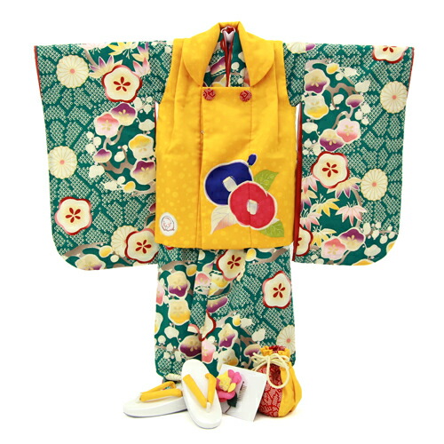 【賃借】【七五三お召しものフルレンタルセット】七五三 お召しもの 3歳 賃借 御姉さん 厚地の外套お召しもの10点仕掛ける「運動場にレトロ梅と鹿の子菊」芸艸堂 UNSODO 厚地の外套仕掛ける 今めかしい レトロ