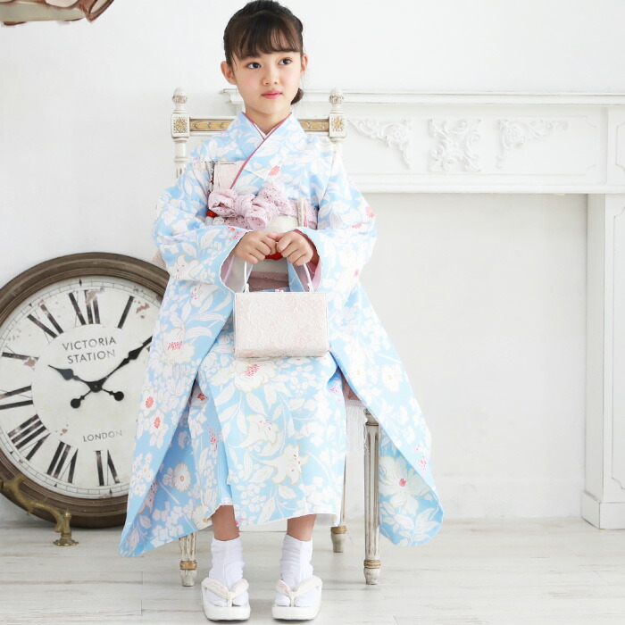 販売七五三フルセット7歳フルセット結婚式雛祭り販売 水色 地に白の花柄 七歳用七五三四つ身着物１６点セットキッズファッション七五三購入七五三参り七五三参り着物四つ身着物着物衣装かわいいお正月女の子雛祭り