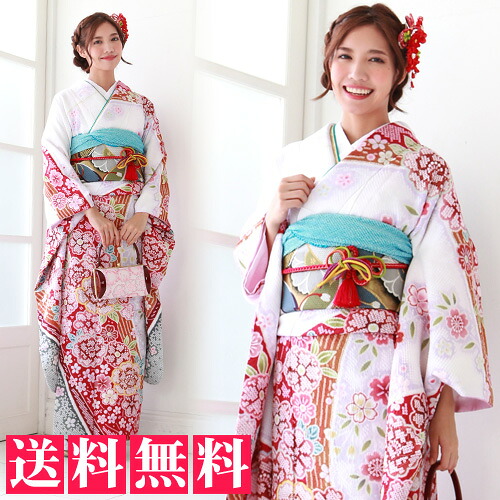 【7/19 20:00～7/26 1:59まで最大2,000円OFFクーポン】【レンタル】振袖 レンタル セット 20点フルセット 「白紫地に赤ぼかし八重桜 疋田柄」 成人式から結婚式やフォーマルまで。｜洋服・小物　なでしこ