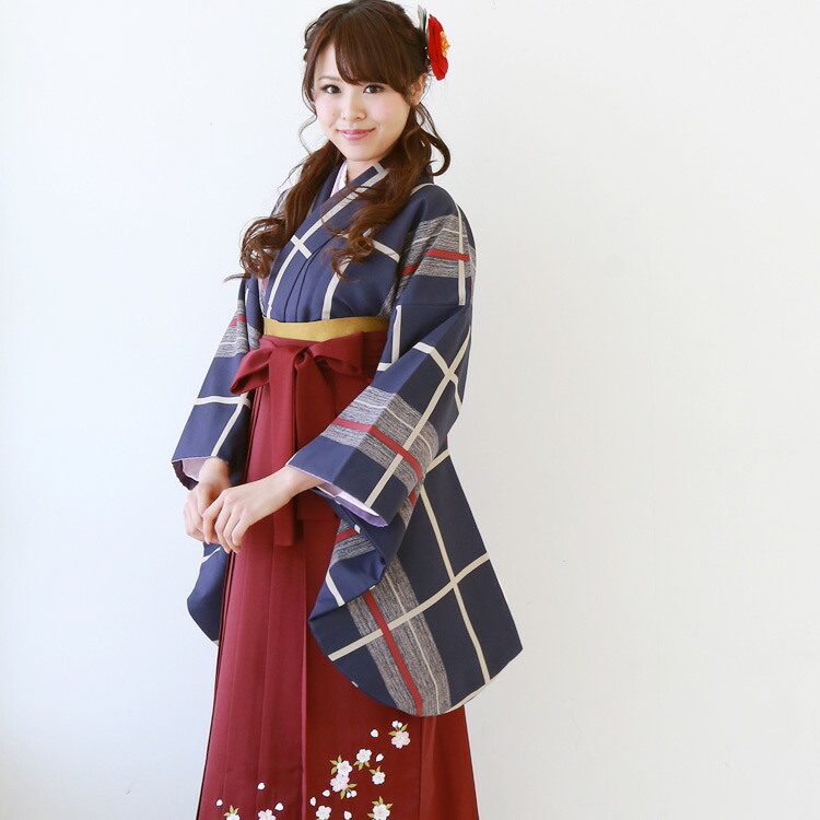 【4/4 20:00～4/10 1:59までポイント10倍】【レンタル】卒業式 袴 レンタル 女 袴セット 卒業式袴セット2尺袖着物＆袴フルセットレンタル 安い 先生 教員「紺地に格子模様 レトロ 大正ロマン」