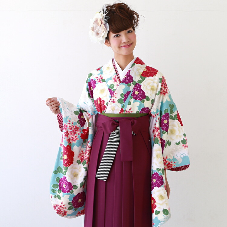 【7/19 20:00～7/26 1:59まで最大2,000円OFFクーポン】【レンタル】卒業式 袴 レンタル 女 袴セット 卒業式袴セット2尺袖着物＆袴フルセットレンタル「水色地に赤と紫・白の八重椿とピンクぼかし桜」安い 人気ブランド 九重 ここのえ｜洋服・小物　なでしこ 29,526円