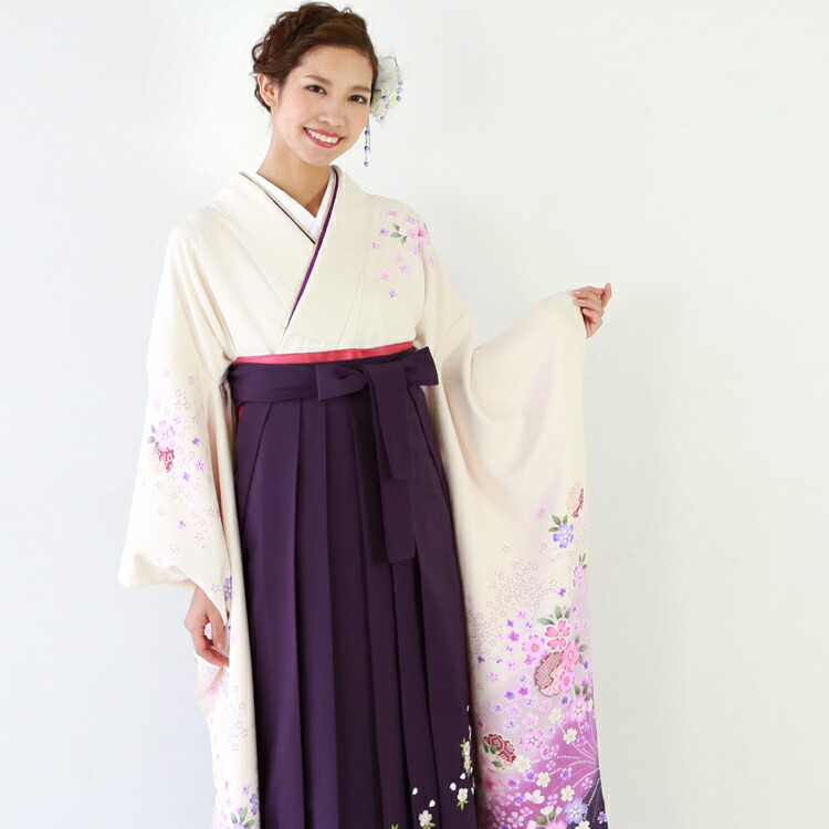 【レンタル】卒業式 袴 レンタル 女 袴セット 卒業式袴セット 正絹振袖 ＆袴 フルセットレンタル 白地に紫ぼかし桜 ピンク クリーム｜着物・浴衣 なでしこぴーす